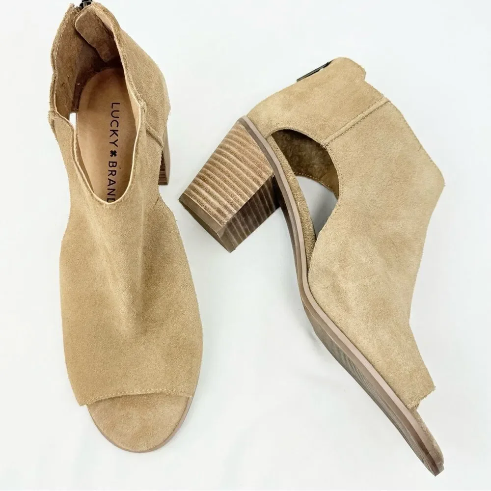 Lucky Brand KEIGHT Tan Suede Keyhole Open Toe Block Heel Ankle Sandal Bootie